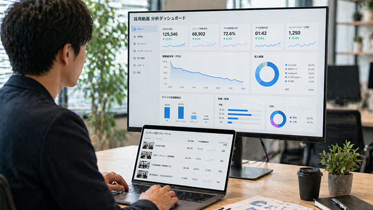採用動画の効果測定イメージ｜再生数や視聴維持率を分析する動画マーケティング画面