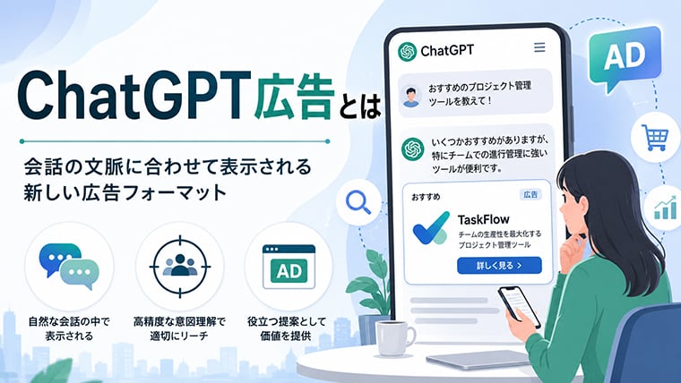 ChatGPT広告の仕組みを想起させるチャットUIとAI広告カードのイメージ