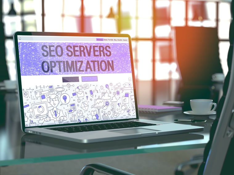 SEO Servers Optimization - Closeup Landing Page in Doodle design Style on Laptop Screen. On Background of Comfortable Working Place in Modern Office. Toned, Blurred Image. 3D Render.