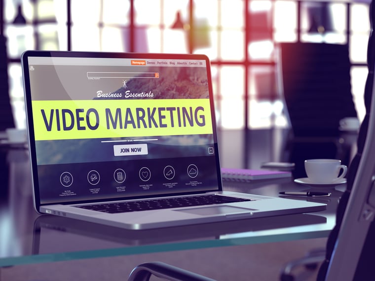Video Marketing Concept. Closeup Landing Page on Laptop Screen  on background of Comfortable Working Place in Modern Office. Blurred, Toned Image. 3d render.-2