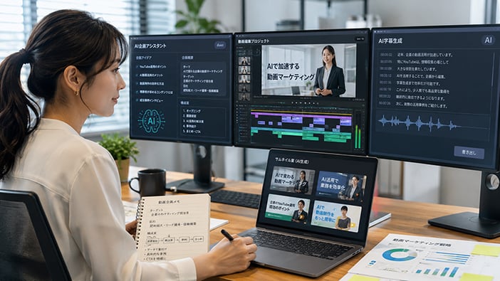 YouTubeでAI生成動画を活用する企業担当者が動画企画と編集を行うイメージ