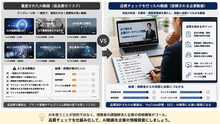 YouTubeで低品質コンテンツを避けるためにAI生成動画を品質確認するイメージ