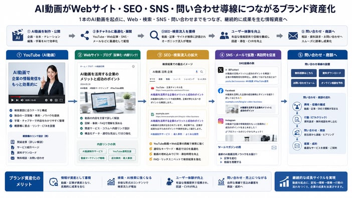 AI生成動画をSEOやWeb導線と連携させて企業の動画資産にするイメージ