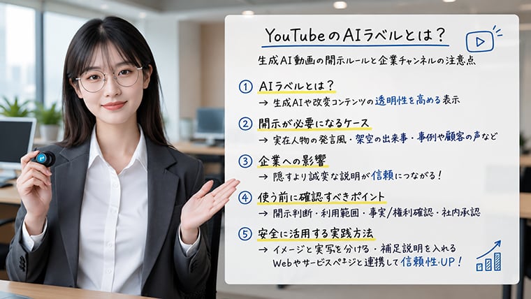 YouTubeのAIラベルと生成AI動画の透明性についてアバターが解説するイメージ