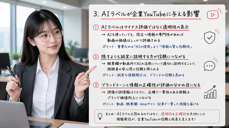 AIラベルが企業YouTubeの透明性とブランド信頼に与える影響を解説するイメージ