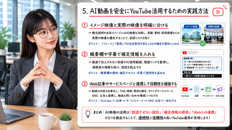 AI動画を安全にYouTube活用するためにWeb記事や概要欄と連携する方法を解説するイメージ