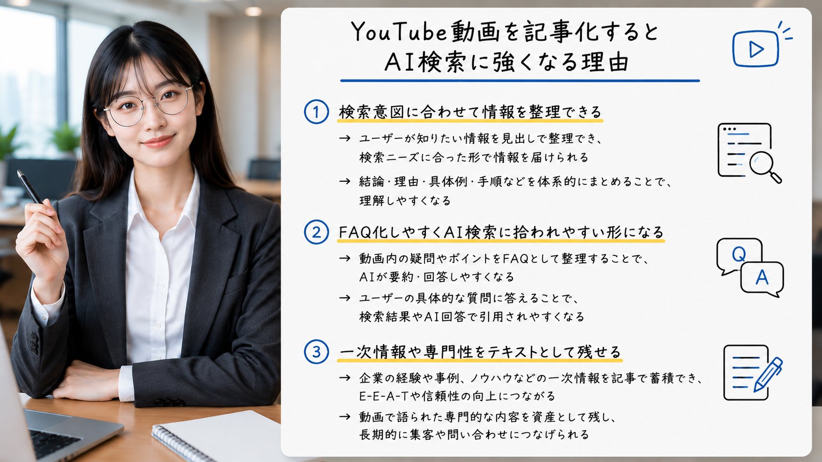 YouTube動画を記事化すると検索意図の整理やFAQ化によりAI検索に強くなる理由を解説するイメージ