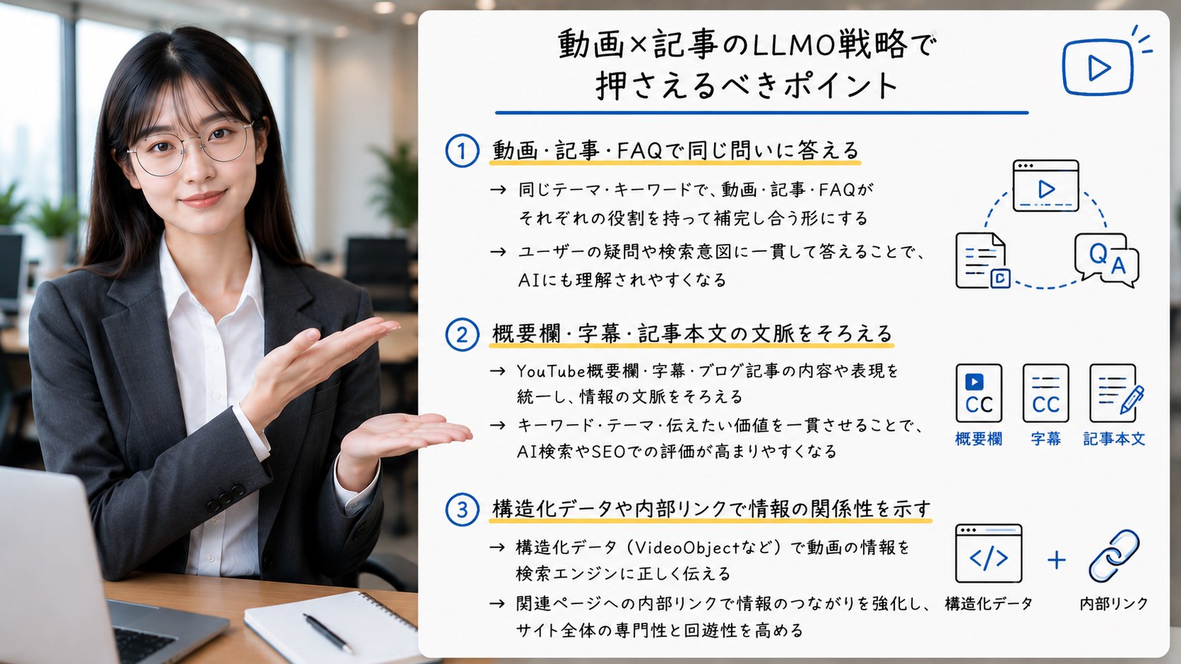 動画と記事とFAQを連携させてLLMOに強い情報構造を作るポイントを解説するイメージ