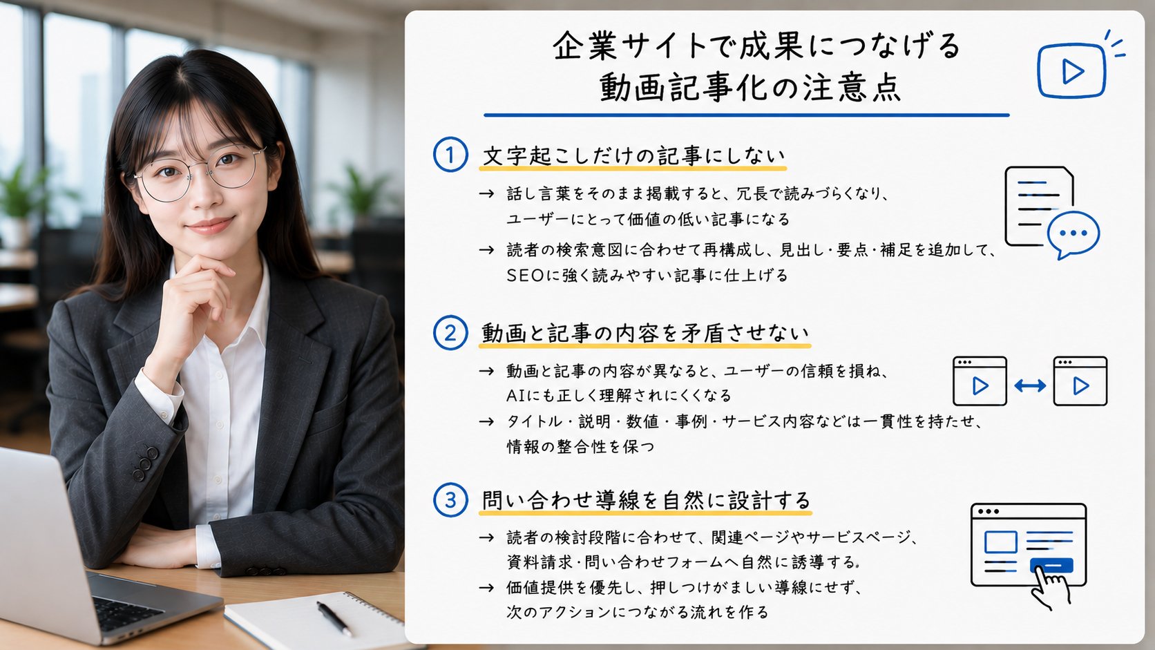 企業サイトでYouTube動画を記事化する際に内容の整合性と問い合わせ導線を整える注意点を解説するイメージ