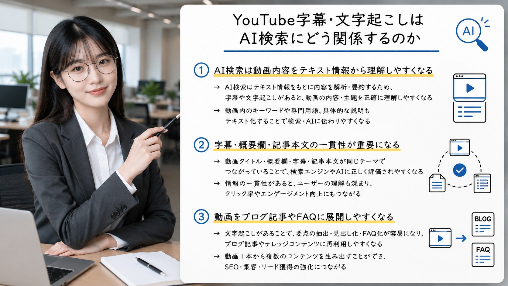 YouTube字幕と文字起こしがAI検索で動画内容を理解されやすくする仕組みを解説するイメージ
