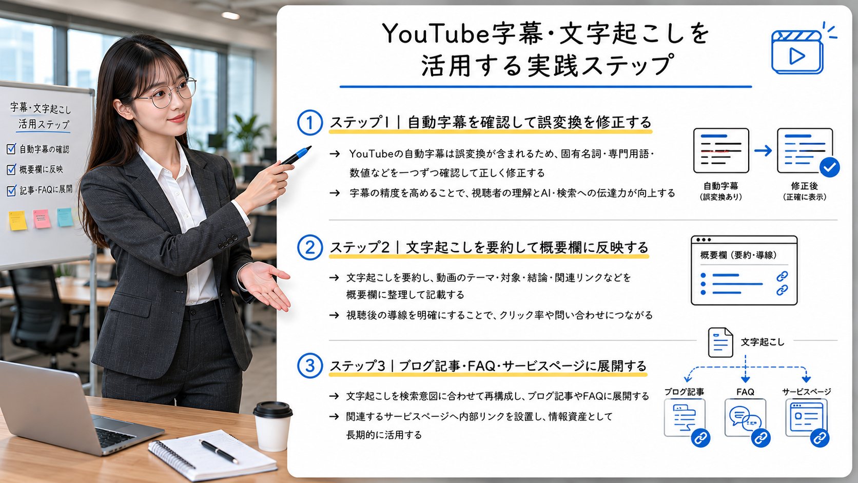 YouTube字幕の修正から文字起こしの要約とブログ記事化までの実践手順を解説するイメージ