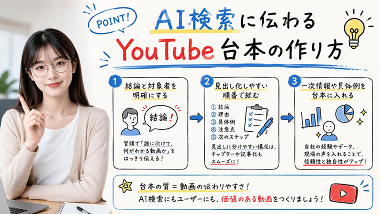 AI検索に伝わりやすいYouTube動画の台本設計と具体例の入れ方を解説するイメージ