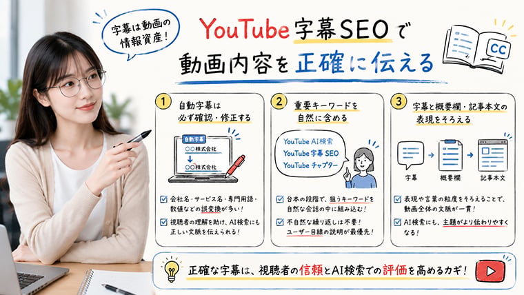 YouTube字幕SEOで動画内容を正確に伝えるための自動字幕修正とキーワード設計を解説するイメージ