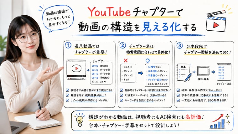 YouTubeチャプターで動画構造を見える化し視聴者とAI検索に内容を伝えるイメージ