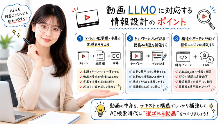 YouTube動画のタイトル・概要欄・字幕・構造化データを連携させて動画LLMOに対応する情報設計のイメージ