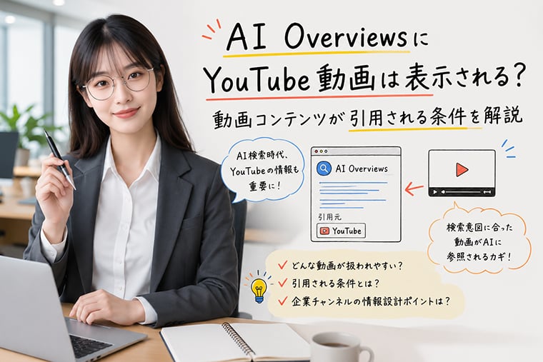 AI OverviewsにYouTube動画が表示される可能性と引用される条件を解説するイメージ