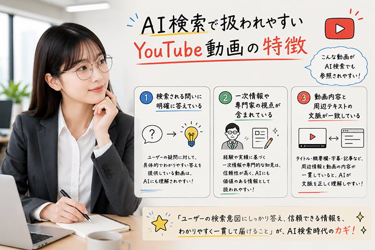 AI検索で扱われやすいYouTube動画の特徴として検索意図・一次情報・文脈整合性を解説するイメージ