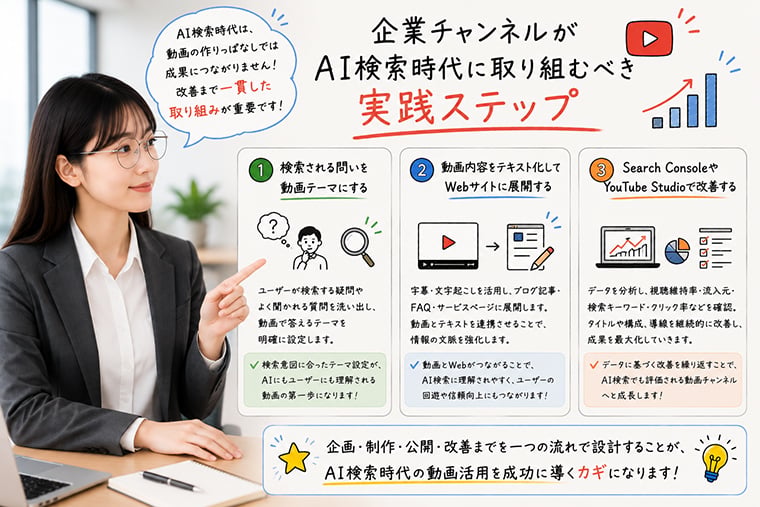 企業チャンネルがAI検索時代にYouTube動画を活用するための実践ステップを解説するイメージ