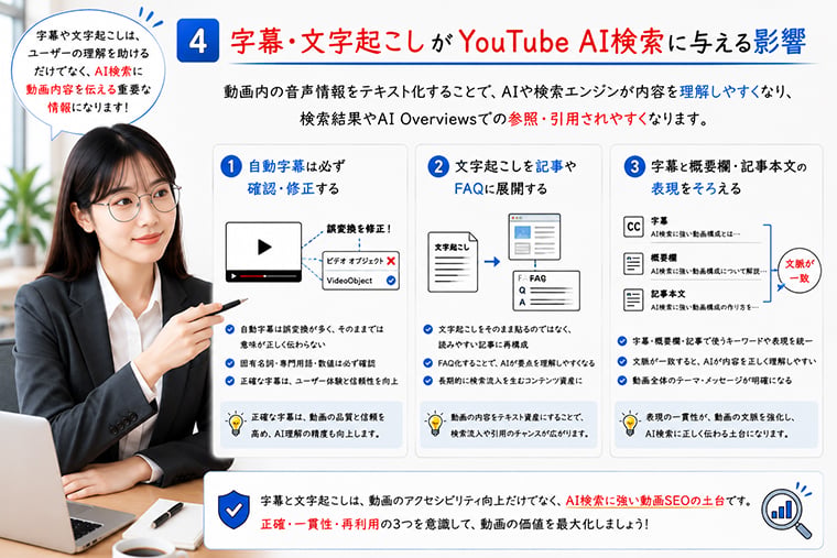 YouTube字幕と文字起こしがAI検索に動画内容を伝える仕組みを解説するイメージ
