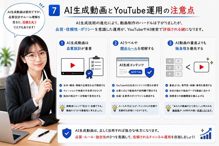 AI生成動画をYouTubeで活用する際の品質設計やAIラベルの注意点を解説するイメージ