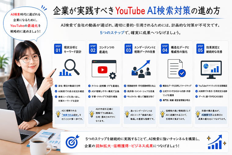 企業がYouTube AI検索対策として動画テーマ設計から記事化と改善まで進める実践ステップのイメージ